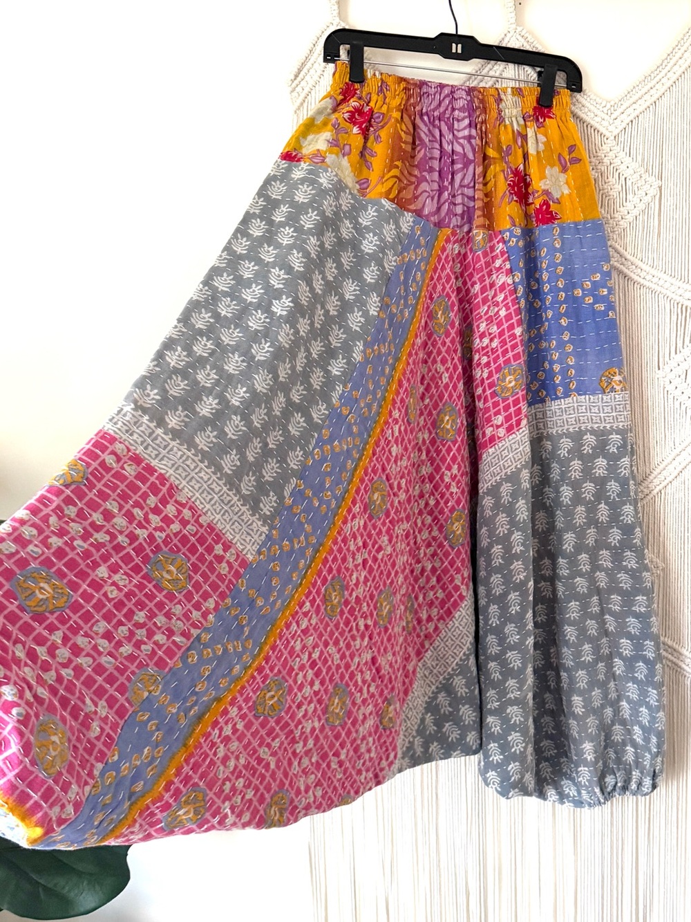 Kantha Cotton Sari Drop Crotch Dhoti Harem Boho Pants Pink, Gray & Mustard S/M